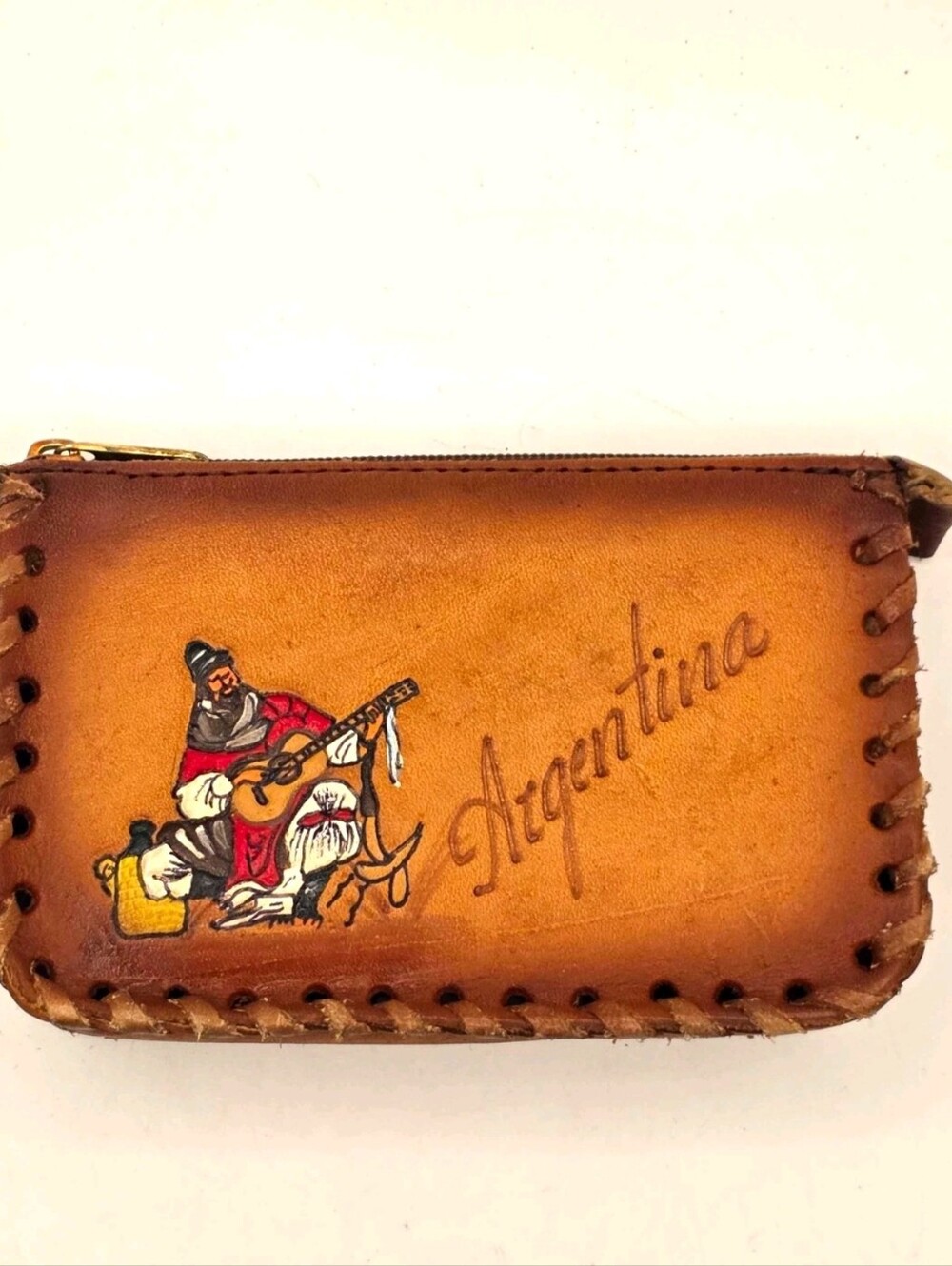70s Vintage Hand Tooled Leather Gaucho Argentina Coin Purse Zippered Pouch 5"